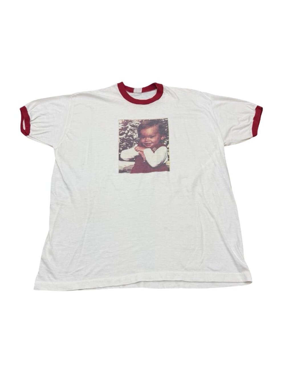 Vintage 1990s Baby Photo Ringer T-Shirt White Red Trim Single Stitch Made in USA
